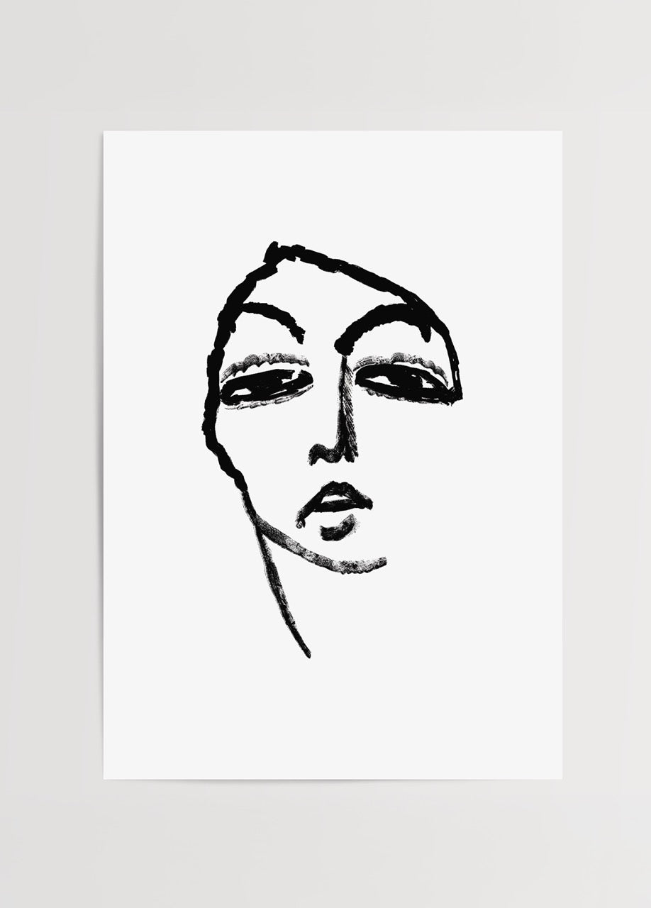 Monochrome line art print featuring an emotive face in black and white.