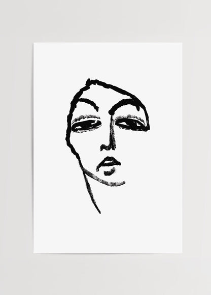 Monochrome line art print featuring an emotive face in black and white.
