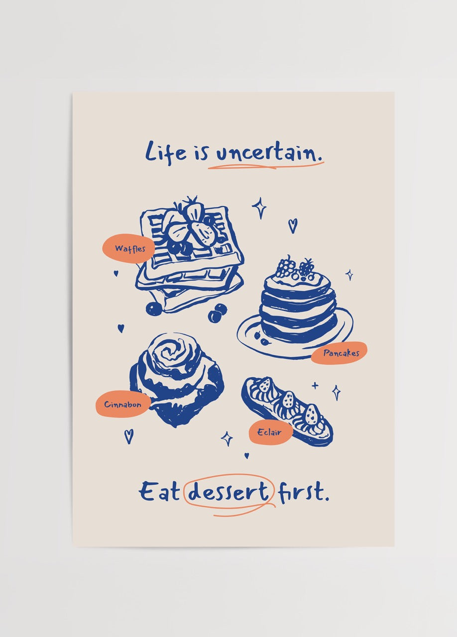 Whimsical dessert poster featuring illustrations of pancakes, waffles and cinnamon rolls.