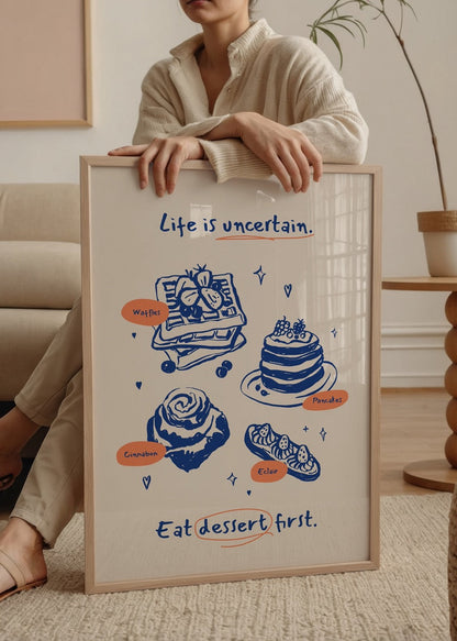 Whimsical dessert poster featuring illustrations of pancakes, waffles and cinnamon rolls.
