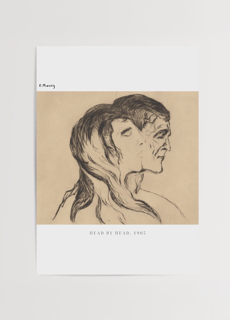 Art print depicting two intertwined faces exploring emotional duality.