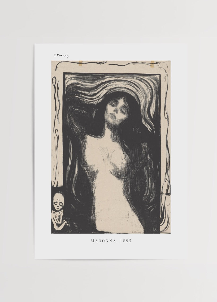 Ethereal black and white wall art featuring a figure with flowing hair and emotional expression.