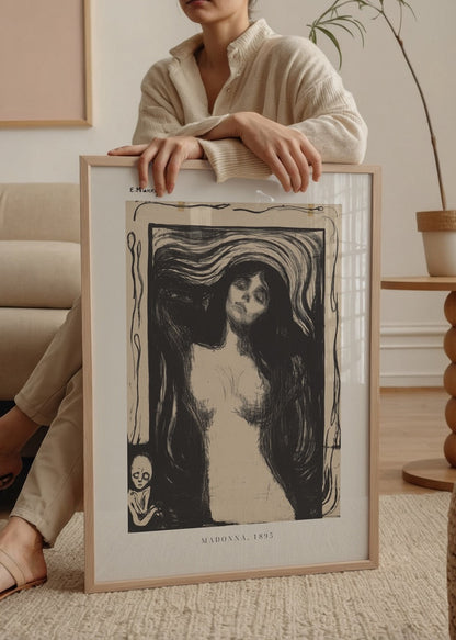 Ethereal black and white wall art featuring a figure with flowing hair and emotional expression.