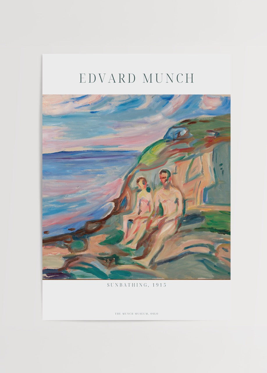 Coastal scene depicting two figures sunbathing by the sea in vibrant colours.