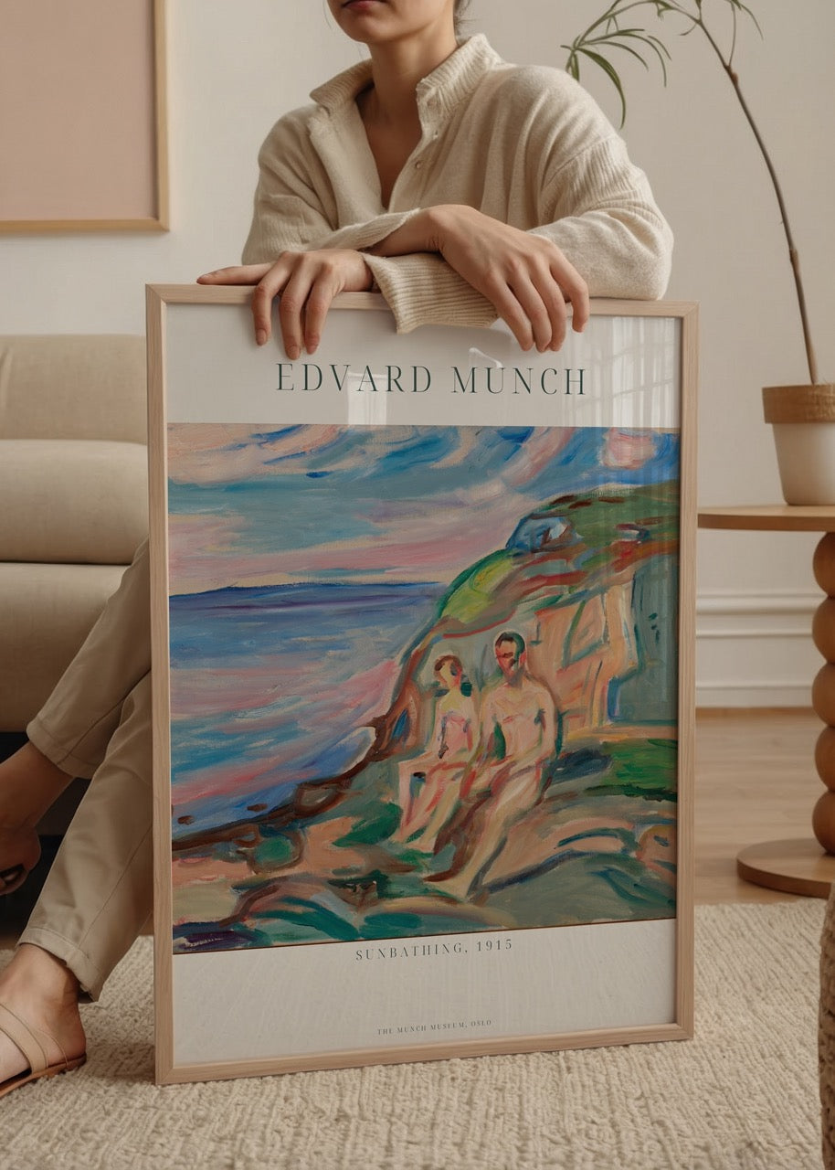 Coastal scene depicting two figures sunbathing by the sea in vibrant colours.