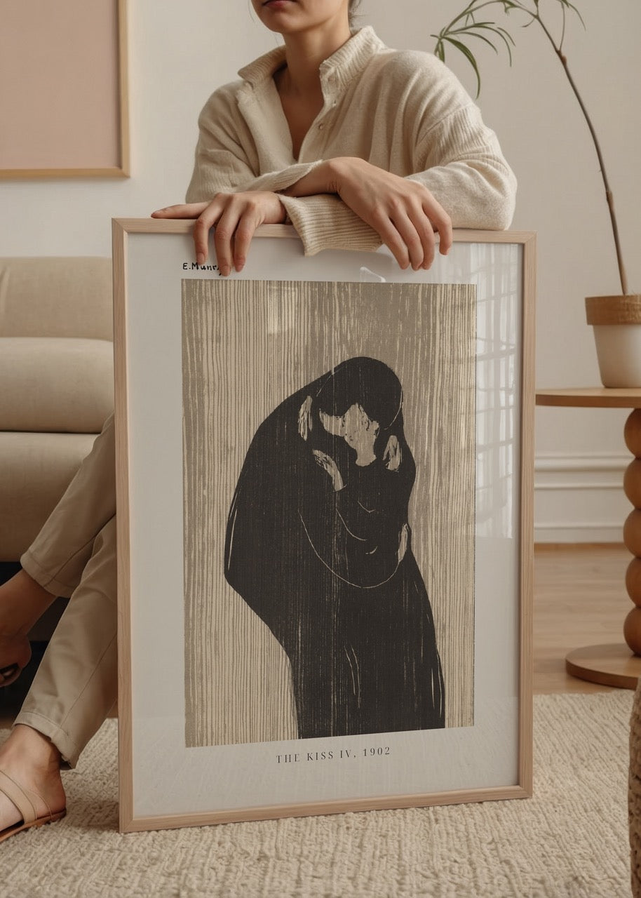 A modern art print depicting an intimate embrace, perfect for romantic wall decor.