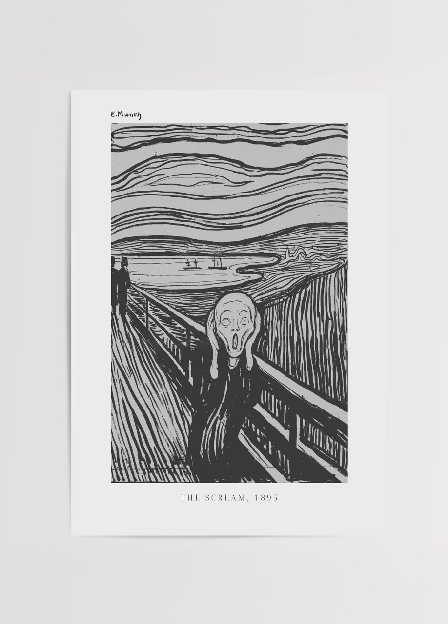 Striking black and white poster of The Scream, 1895, showcasing emotional expression.