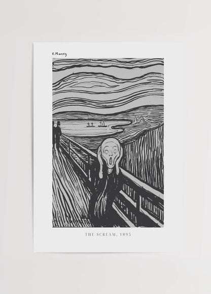 Striking black and white poster of The Scream, 1895, showcasing emotional expression.