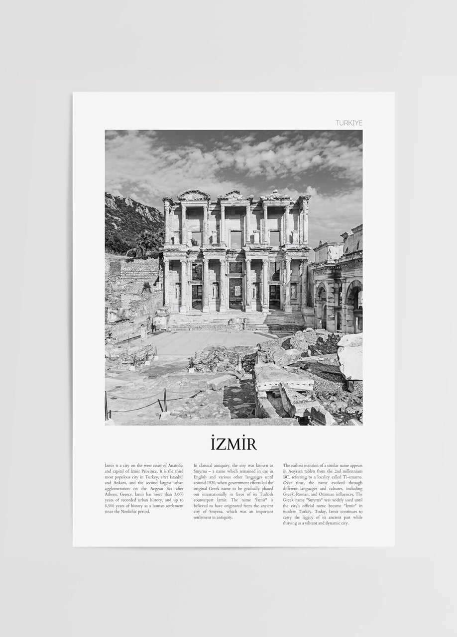 Black and white print of the Celsus Library in İzmir, showcasing ancient architecture.