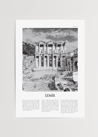 Black and white print of the Celsus Library in İzmir, showcasing ancient architecture.