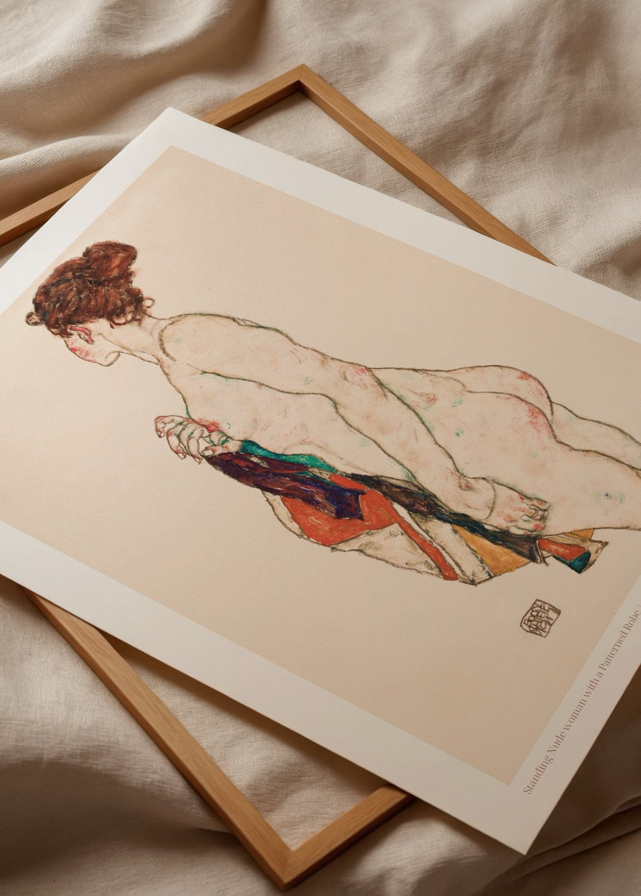Elegant art poster featuring a graceful figure with a vibrant drape.