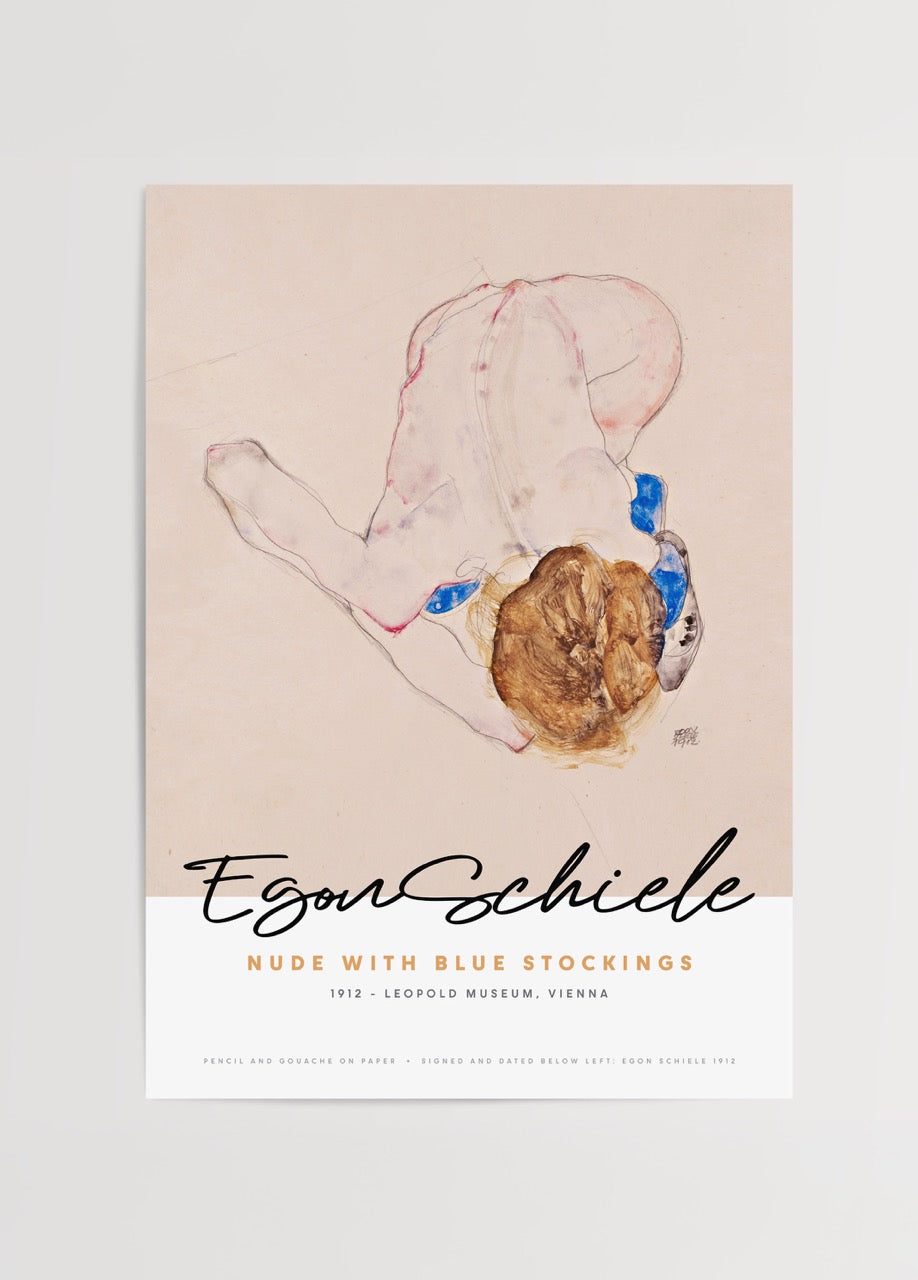 Artistic poster of nude figure with blue stockings by Egon Schiele.