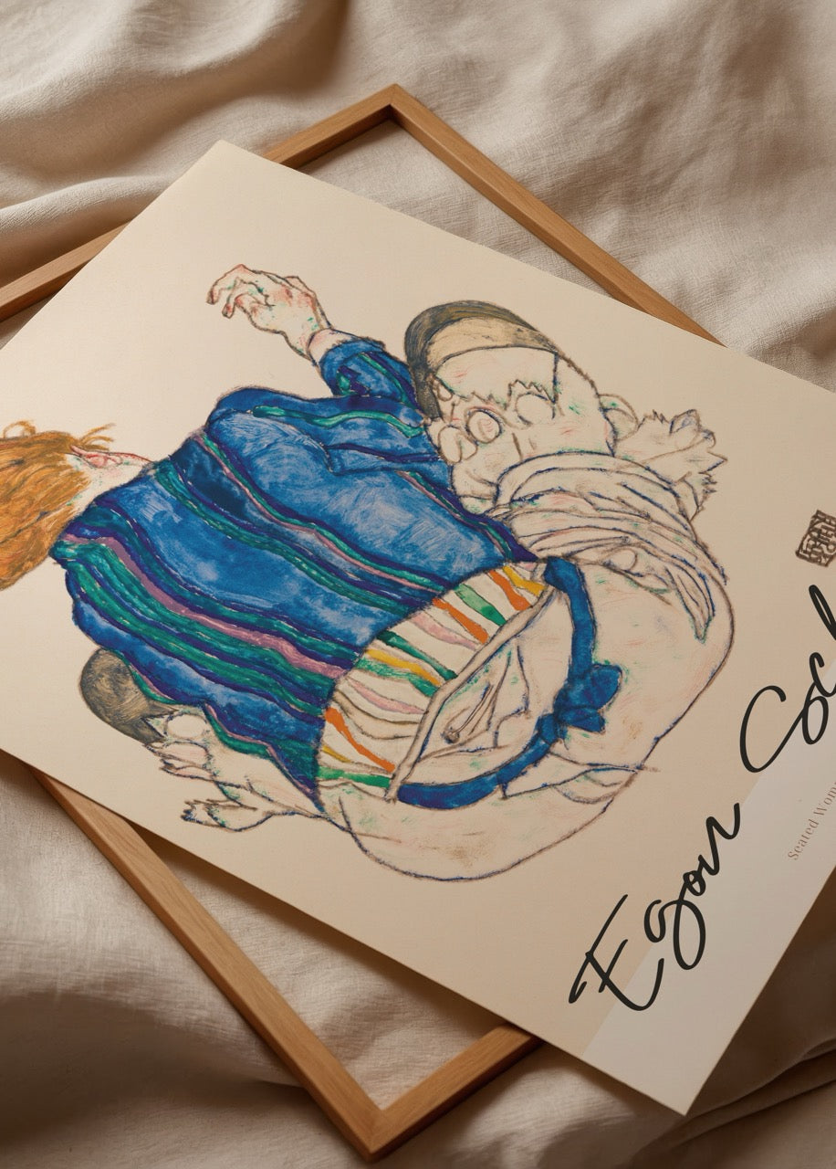 A captivating artistic figure study showcasing a seated figure with vibrant clothing.