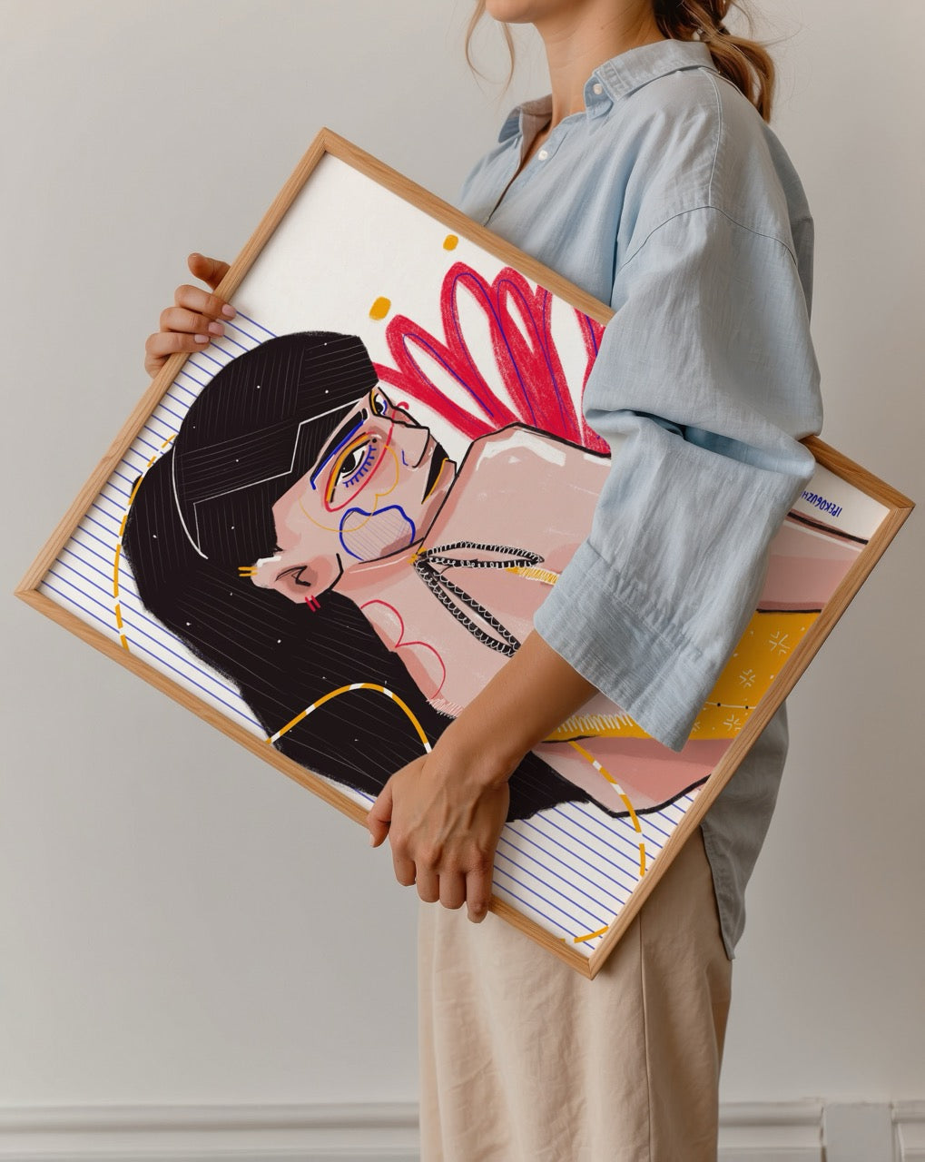 A vibrant and stylish girl poster print featuring bold lines and colours, perfect for modern interior decor.