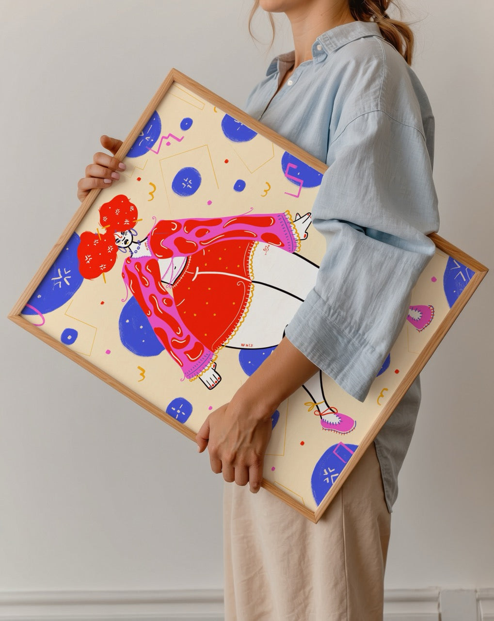 Vibrant and playful poster featuring a whimsical character in bold colours.