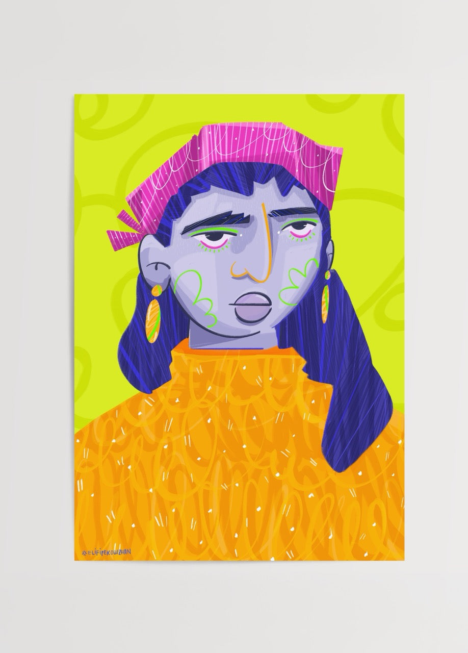 Vibrant character illustration with bold colours and modern design.