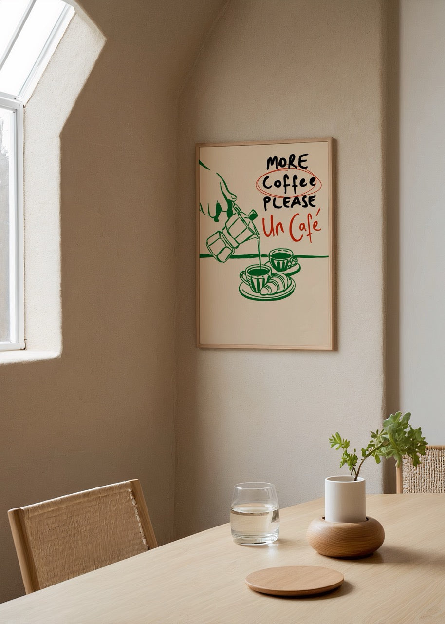 Coffee Club Poster Print featuring a hand pouring coffee into cups.