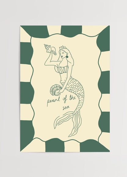 Illustrative wall art of a mermaid holding a shell, in green and beige tones.