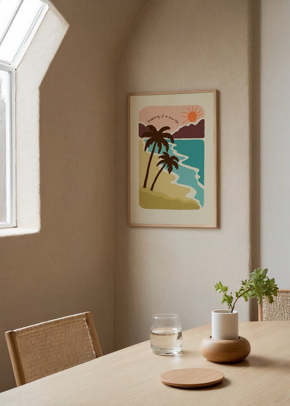 Vibrant coastal artwork featuring palm trees and a sunset