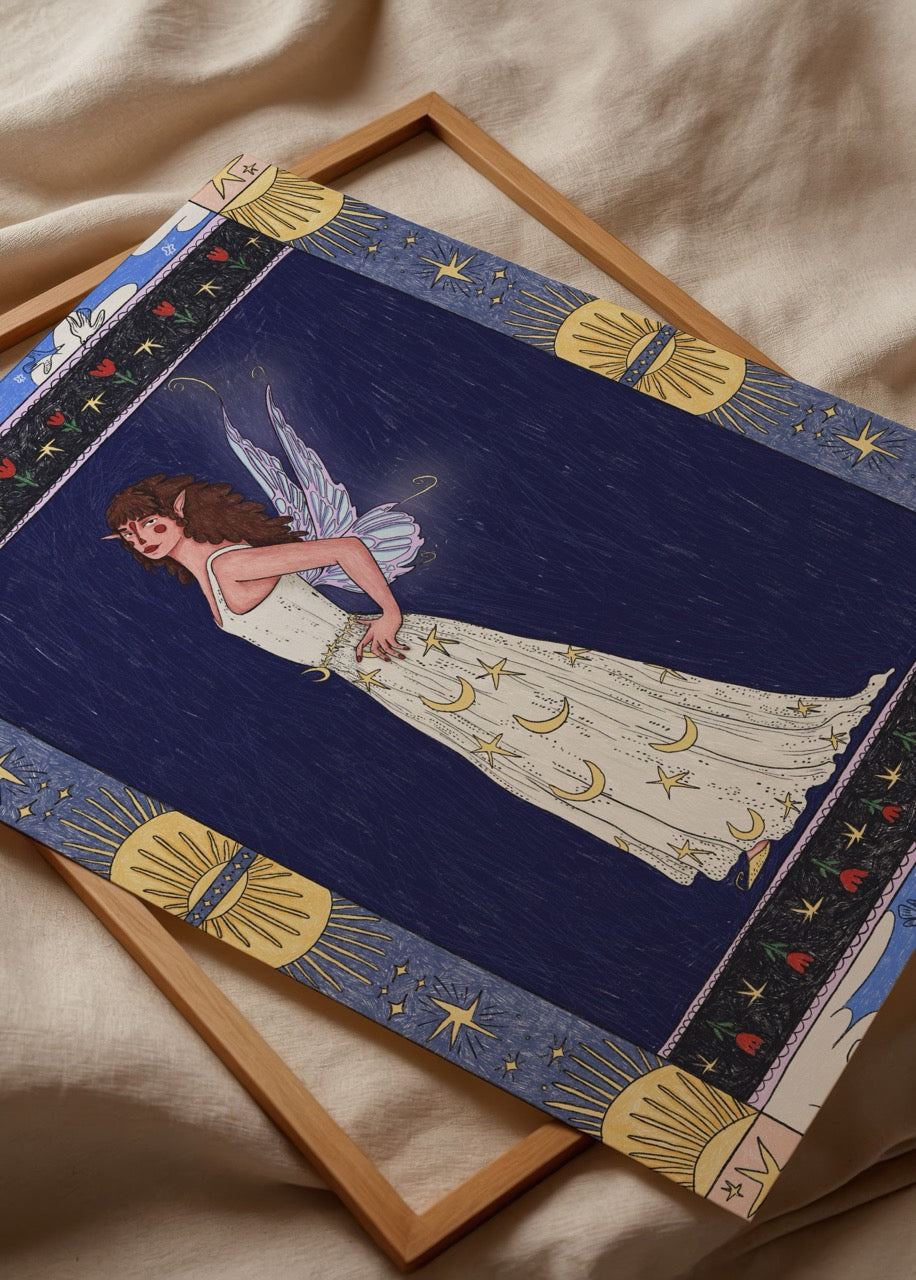Enchanting Fairy Poster Print featuring a whimsical fairy in a gown with celestial motifs.