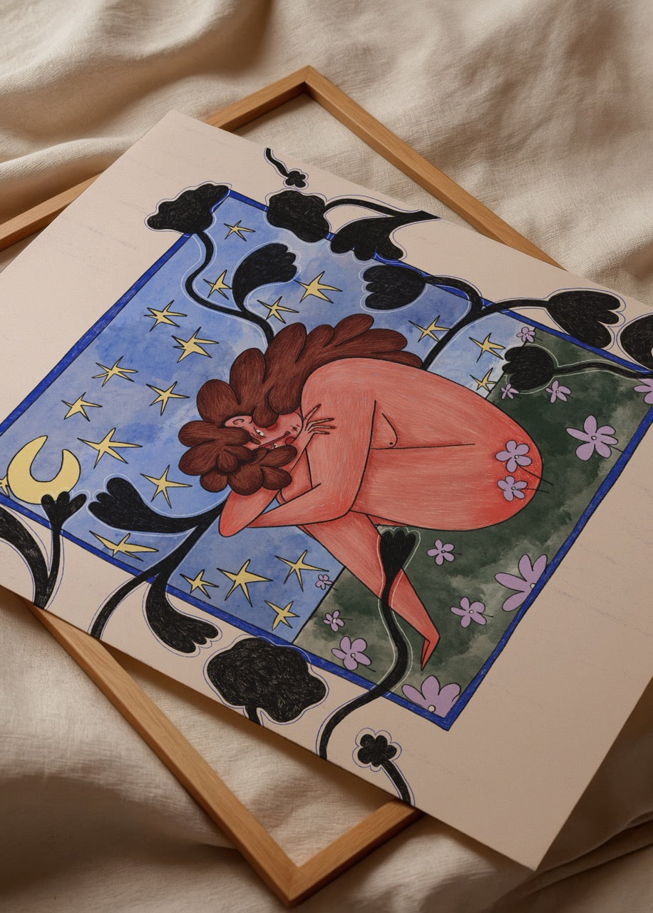 A whimsical illustration of a figure embracing the moonlight surrounded by stars and floral elements.