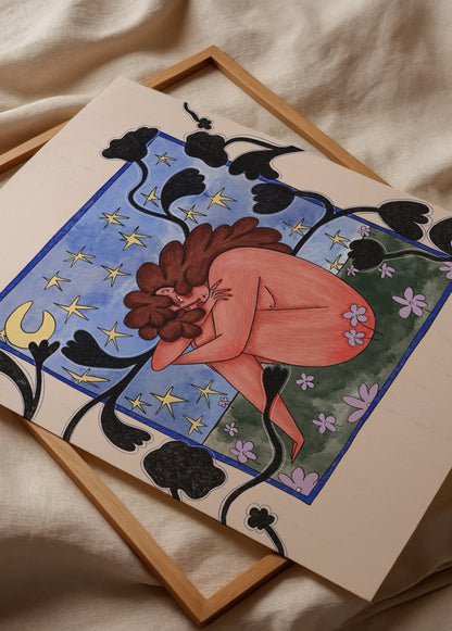 A whimsical illustration of a figure embracing the moonlight surrounded by stars and floral elements.