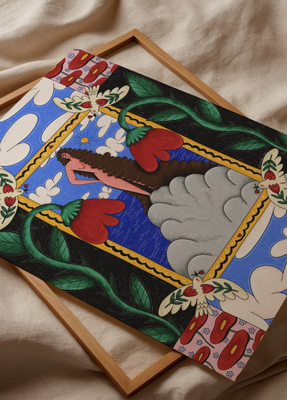 Vibrant poster print featuring floral motifs and a whimsical figure against a blue sky.