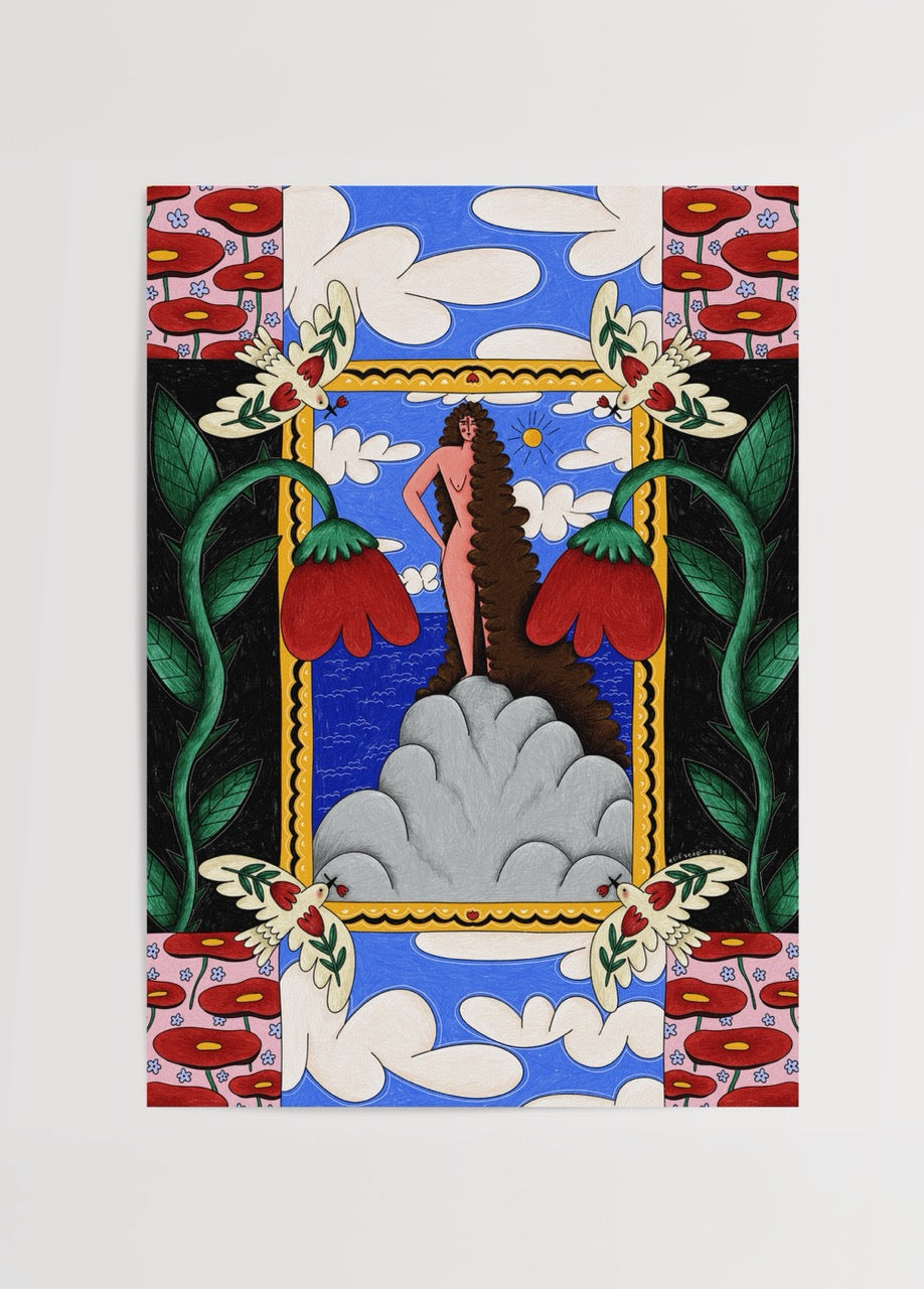 Vibrant poster print featuring floral motifs and a whimsical figure against a blue sky.