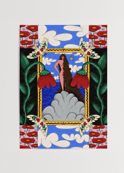 Vibrant poster print featuring floral motifs and a whimsical figure against a blue sky.