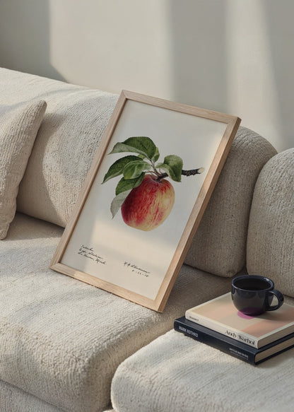 Illustration of a ripe apple with green leaves on a beige background.