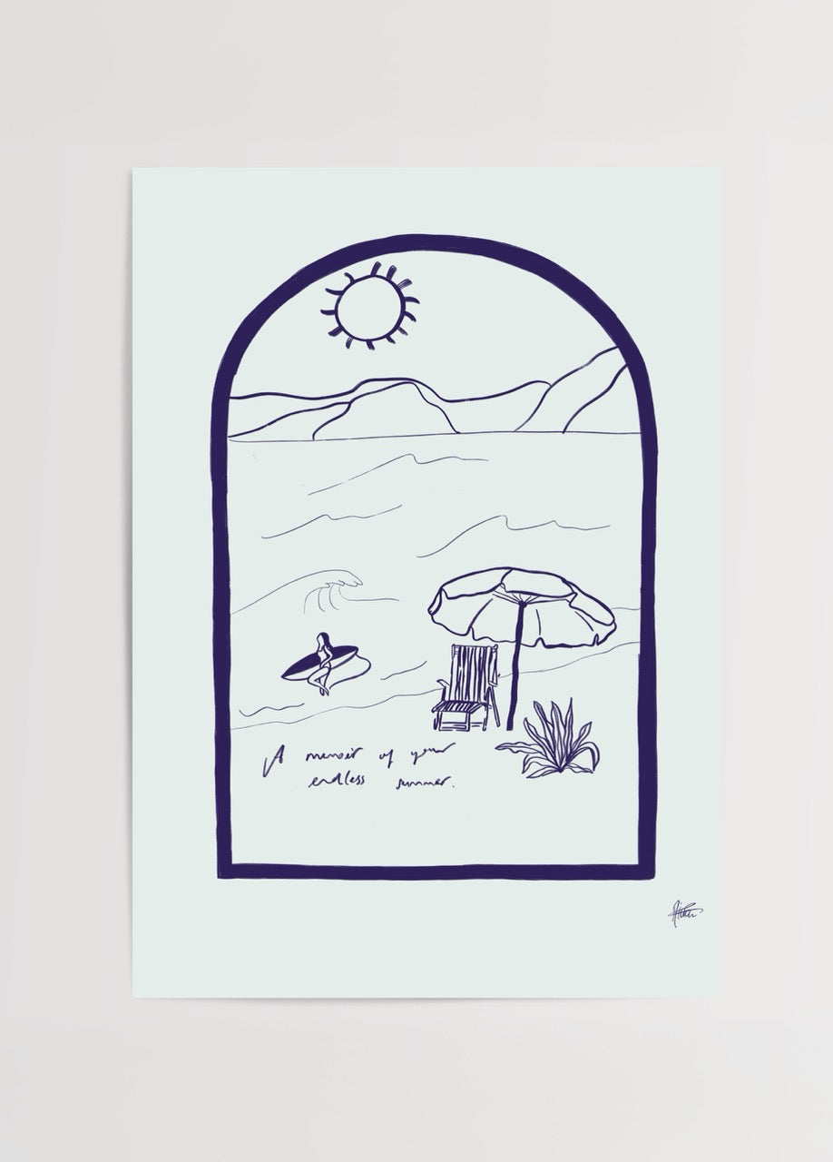 A minimalist beach scene with a surfboard and umbrella in blue outlines.