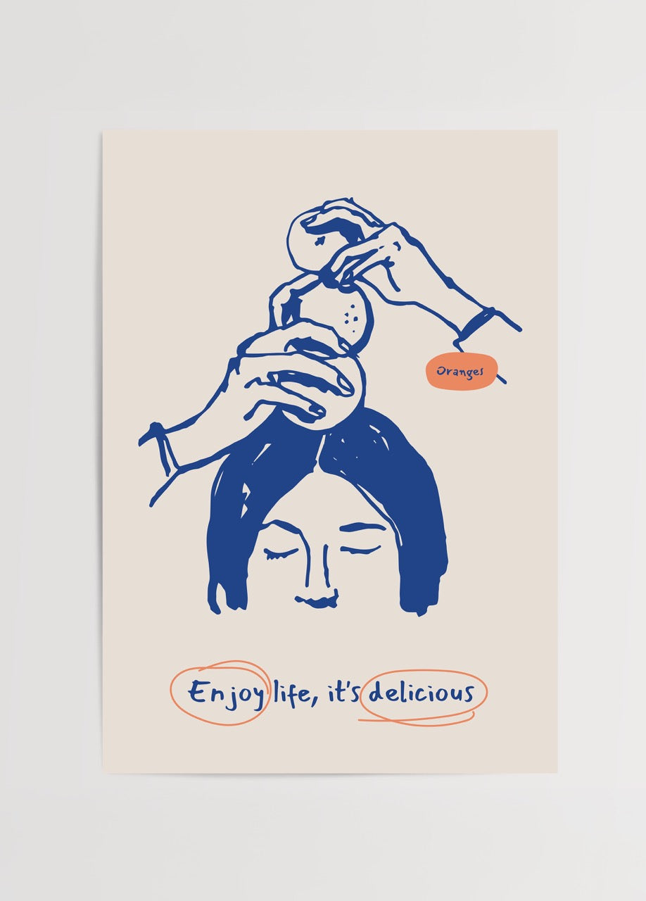 Whimsical illustration featuring hands stacking oranges on a woman&