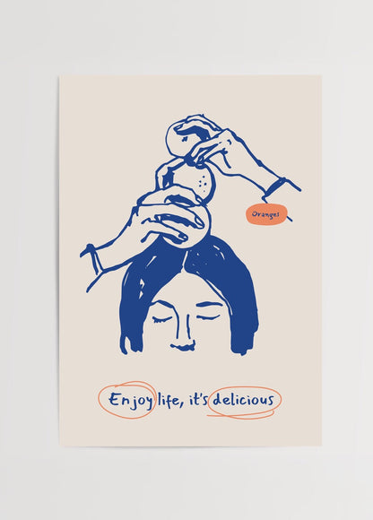 Whimsical illustration featuring hands stacking oranges on a woman&