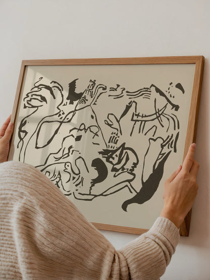 Abstract poster featuring fluid lines and organic shapes on beige background.