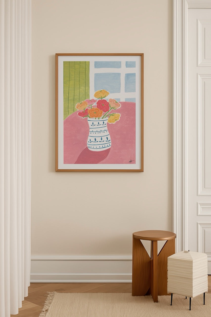 A vibrant floral arrangement in a patterned vase on a pink tabletop, showcasing modern art style.