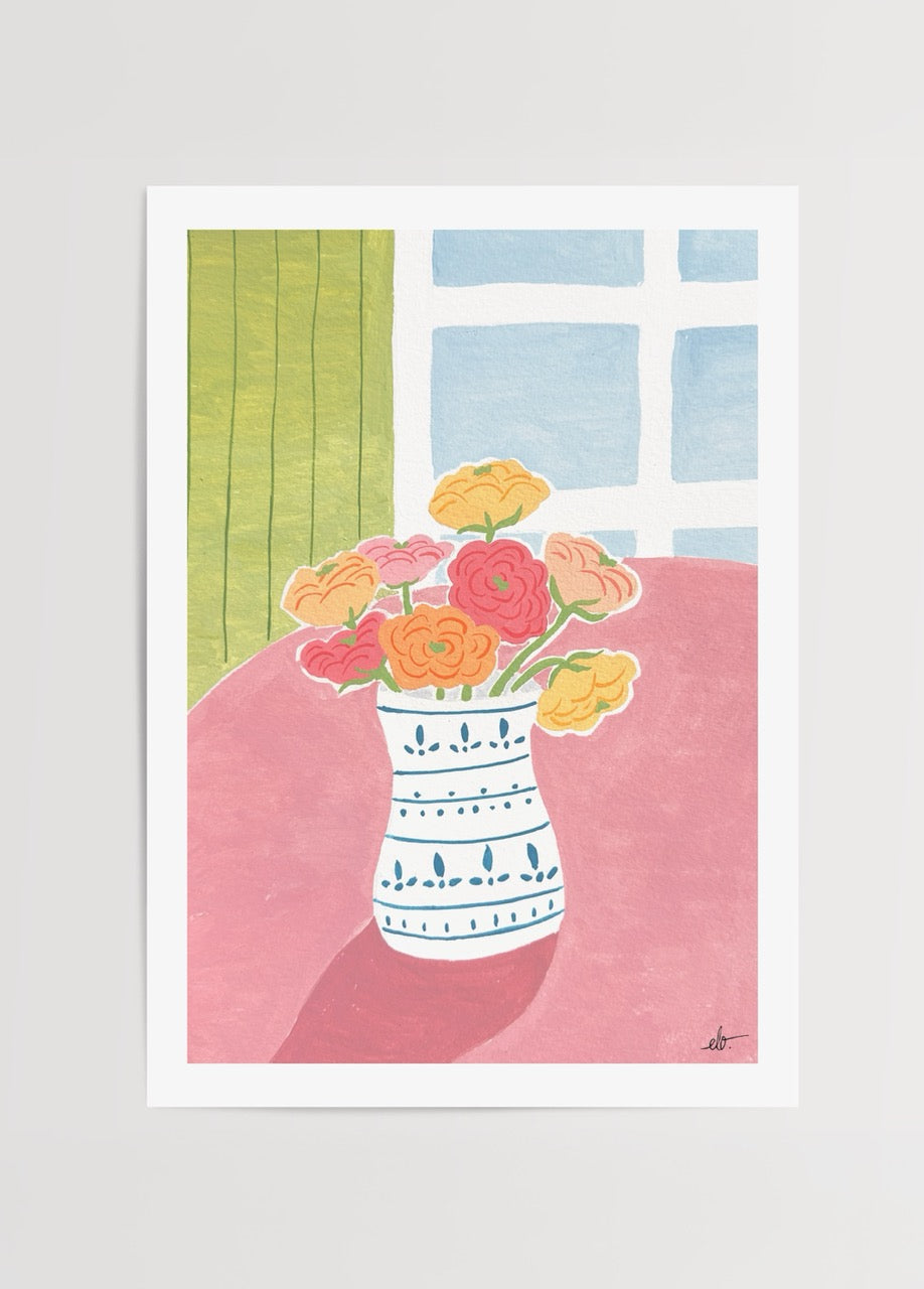 A vibrant floral arrangement in a patterned vase on a pink tabletop, showcasing modern art style.