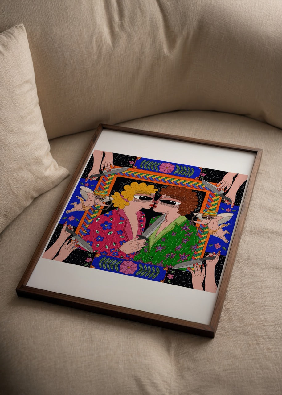 Vibrant illustrated poster print depicting a romantic moment, surrounded by intricate designs.