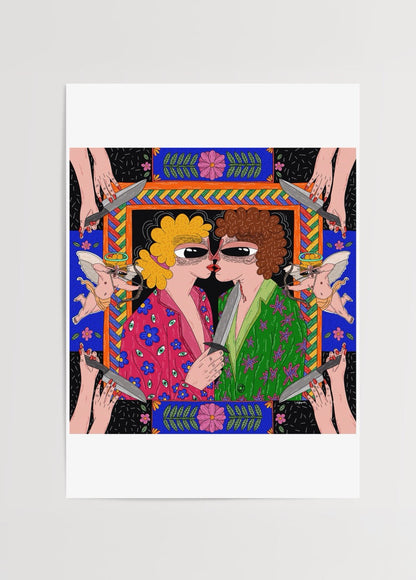 Vibrant illustrated poster print depicting a romantic moment, surrounded by intricate designs.