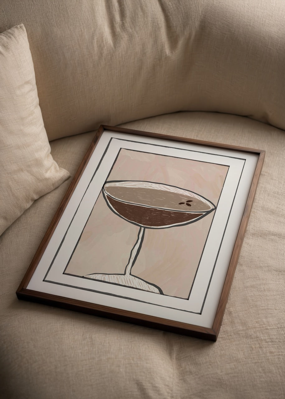 Illustrative Espresso Martini poster print on a beige background.