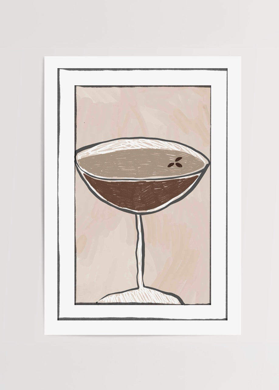 Illustrative Espresso Martini poster print on a beige background.