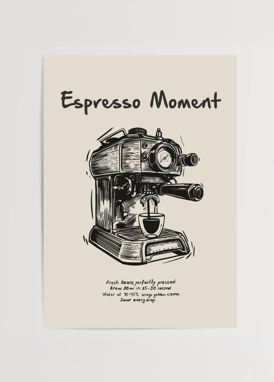 Espresso Moment Poster Print featuring a vintage espresso machine illustration.