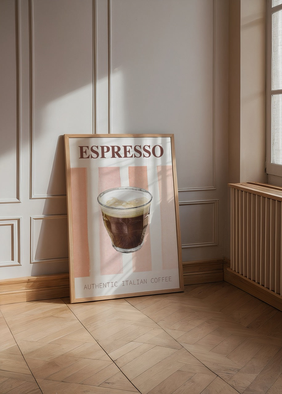 Espresso coffee in a glass on a pastel striped background