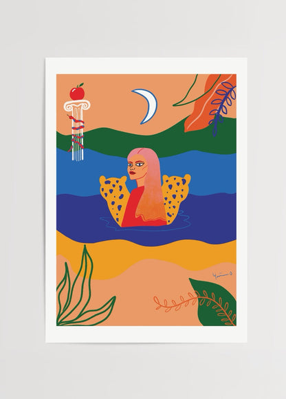 Colourful abstract artwork featuring a figure in a vibrant landscape.