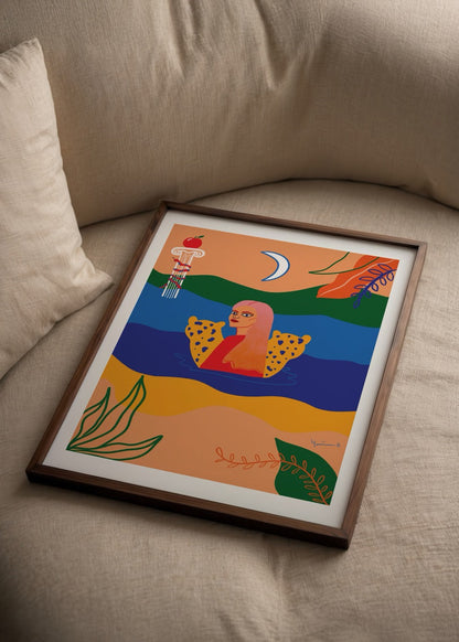 Colourful abstract artwork featuring a figure in a vibrant landscape.