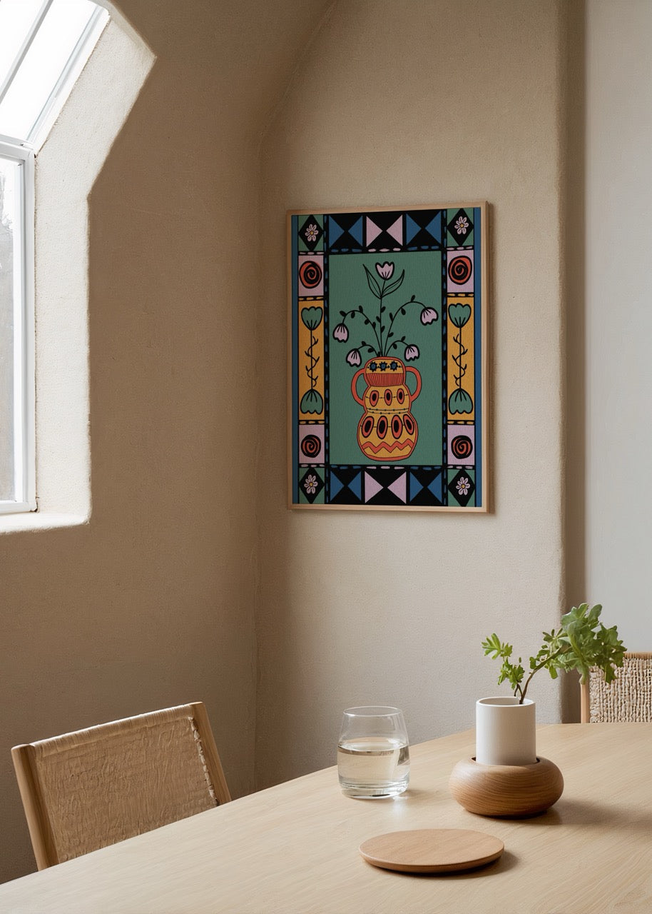 Ethnic Flowers Poster Print featuring a vibrant vase with flowers.