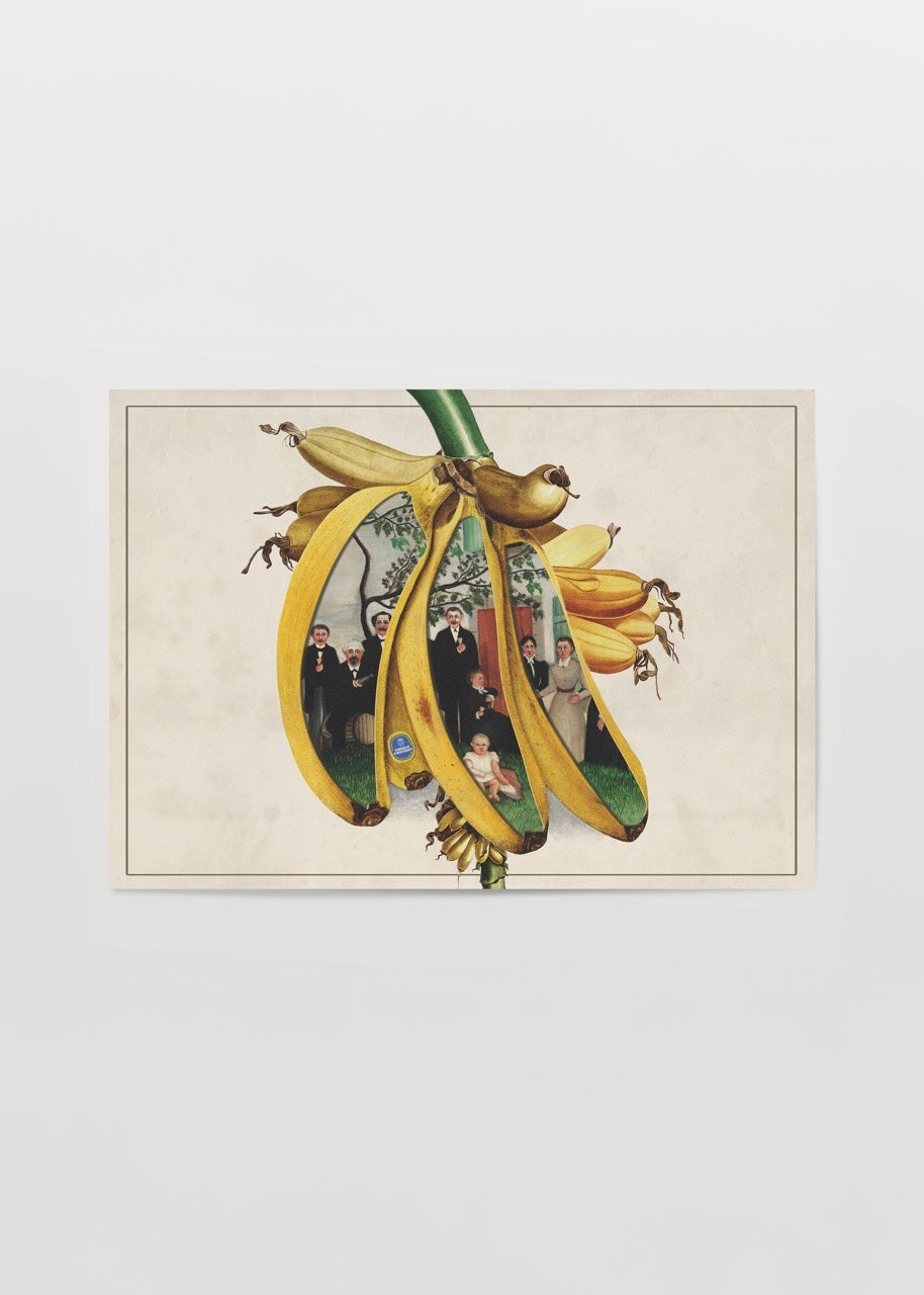 A whimsical art piece featuring a family portrait nestled within bananas.