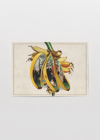 A whimsical art piece featuring a family portrait nestled within bananas.