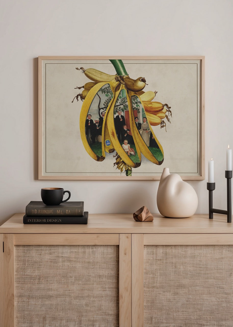 A whimsical art piece featuring a family portrait nestled within bananas.