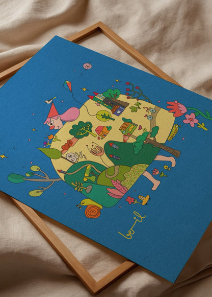 Vibrant poster print featuring a whimsical landscape and colourful elements.