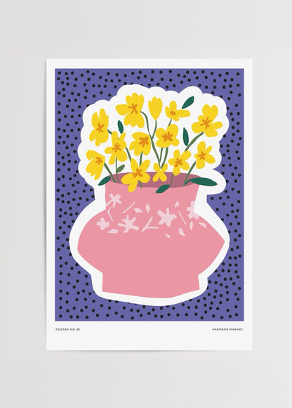 Vibrant floral wall art featuring a pink vase and yellow flowers against a blue background.